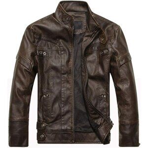 Men's Brown Vintage Stand Collar Motorcycle PU Faux Leather Jacket and Coat